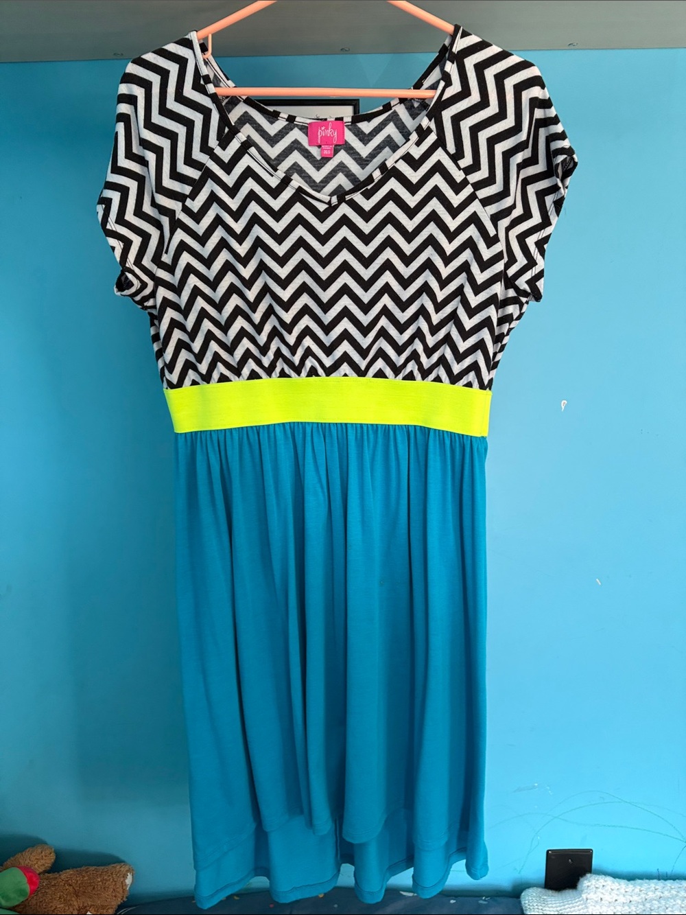 Girls Chevron Top Teal Skirt Dress with Neon Waistband
